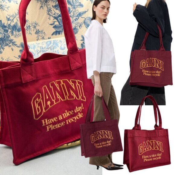🆕 GANNI 🧿 NWOT Large Easy Shopper, Burgundy Cotton & Yellow Embroidery - Picture 1 of 12